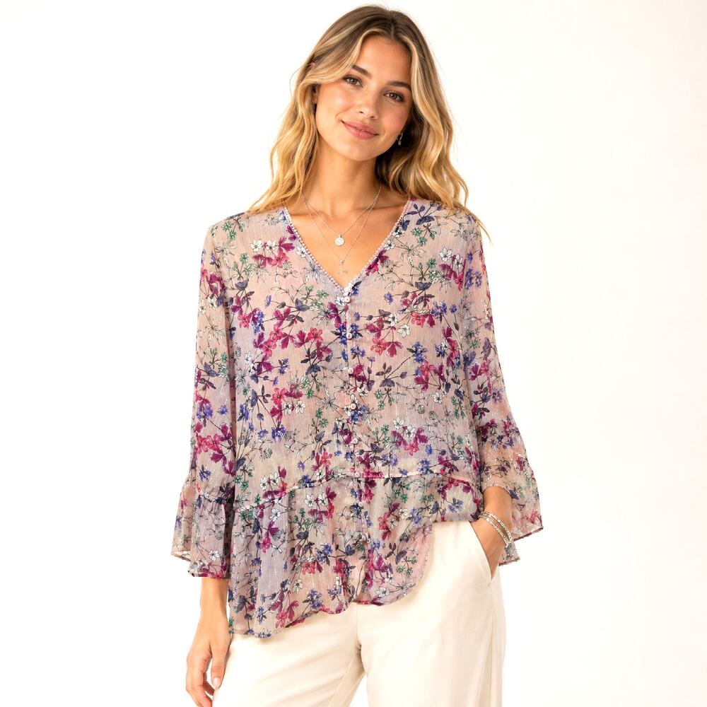 Liz Claiborne Semi-Sheer Blouse Women's Size XL NWOT Pink Floral Silver Shimmer